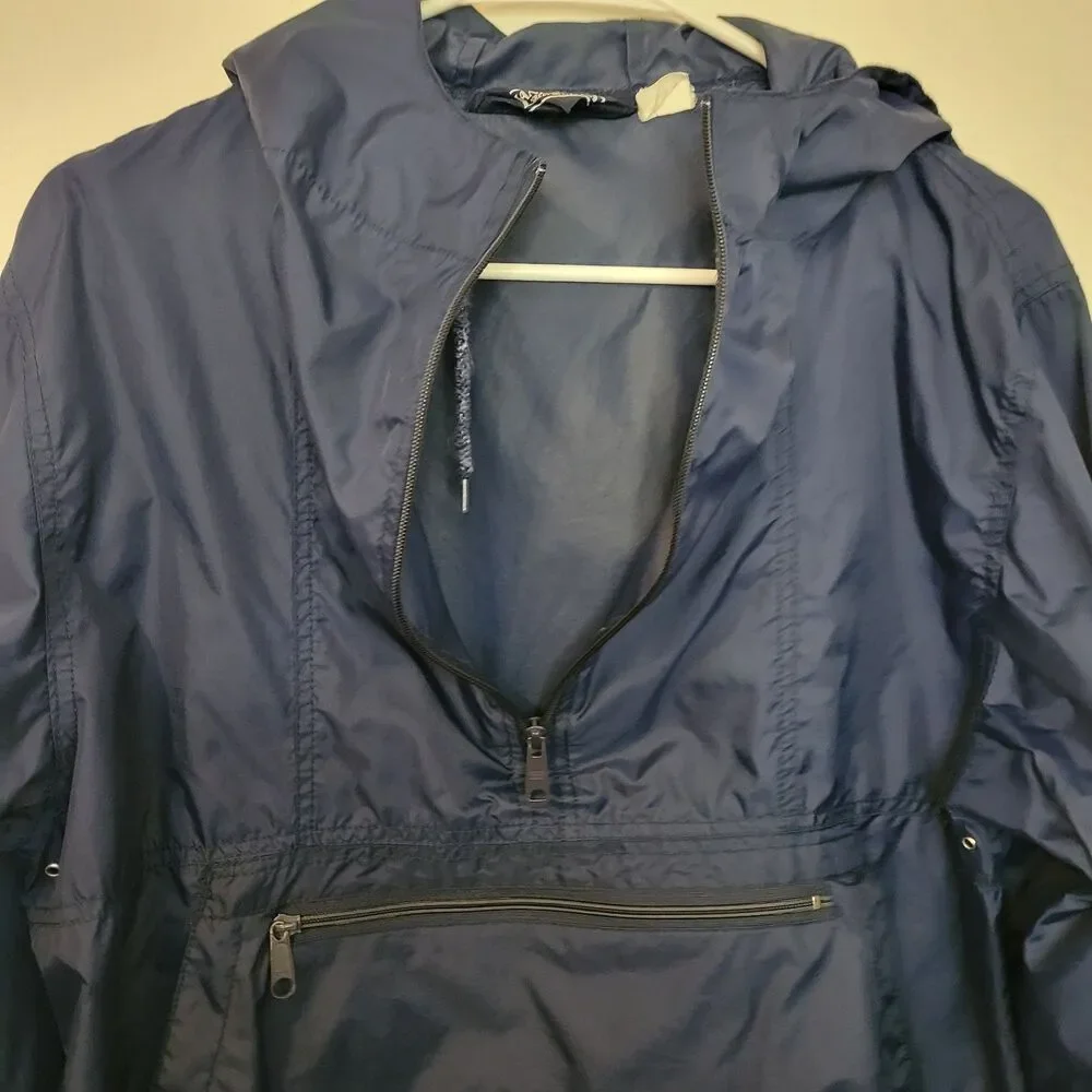 Lands End Mens Large Blue Hooded Pullover‎ Windbreaker Jacket Half Zip